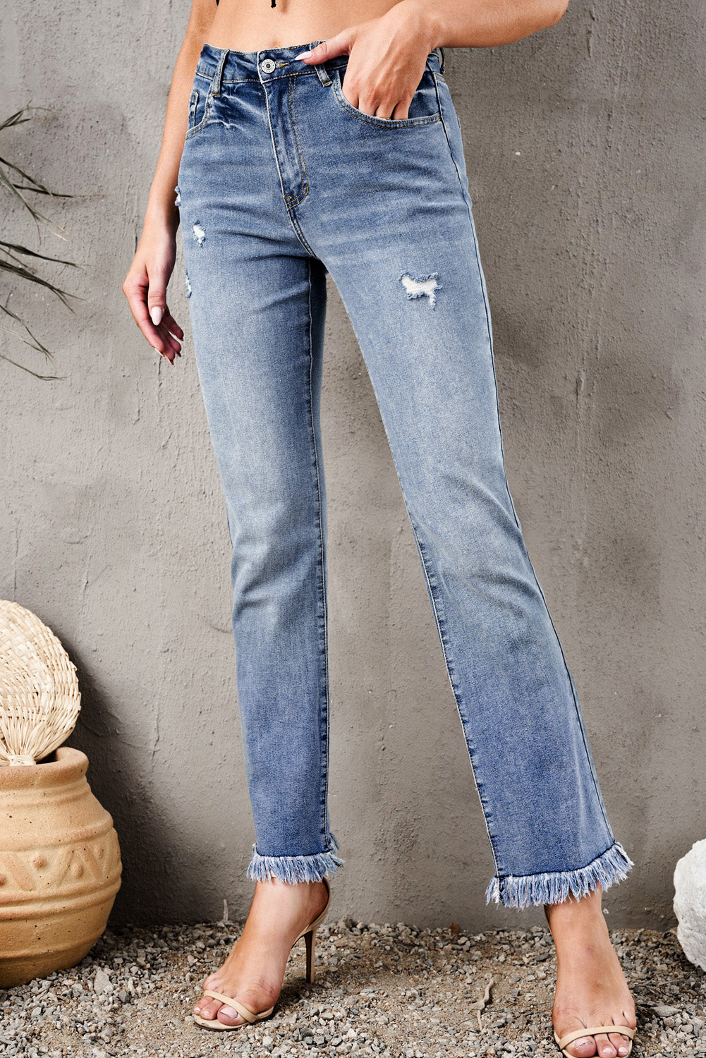 Sky Blue Raw Hem High Waist Straight Leg Jeans