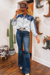 Dusk Blue Patchwork Flap Detail Distress Denim Jacket