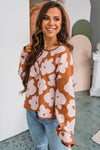 Brown 60s Flower Print Raw Edge Long Sleeve Loose Sweater