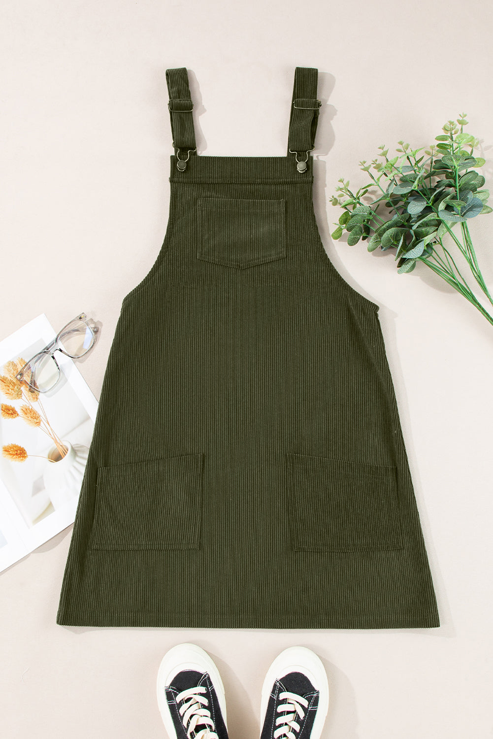 Vineyard Green Corduroy Front Pockets Overall Dress