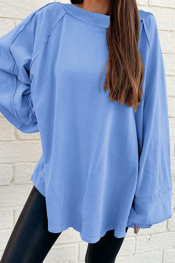 Beau Blue Solid Color Raw Seam Patchwork Baggy Sweatshirt