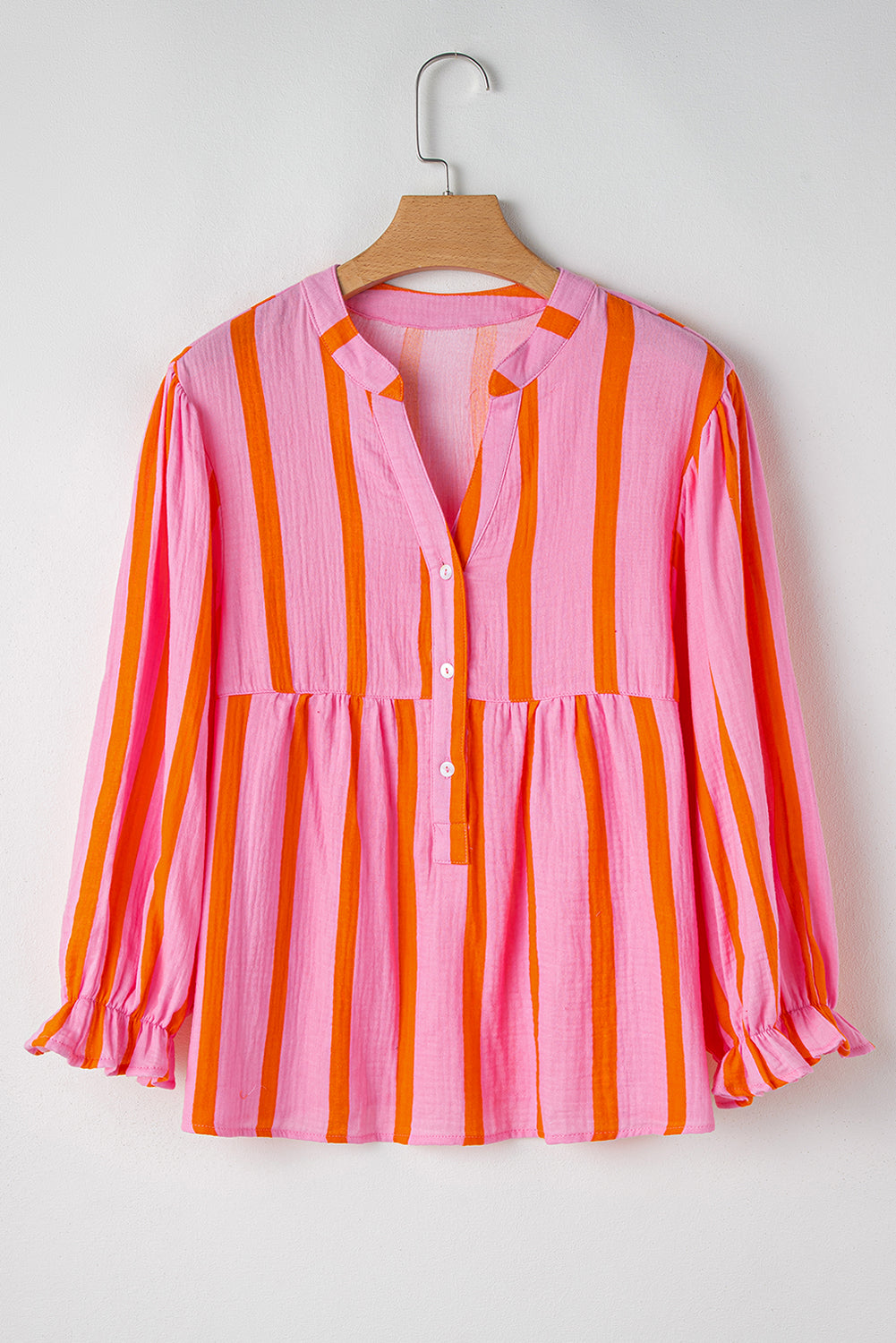 Orange Stripe Crinkle Ruffle Sleeve Loose Top