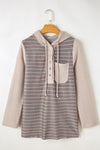 Gray Textured Knit Waffle Patchwork Striped Henley Hoodie