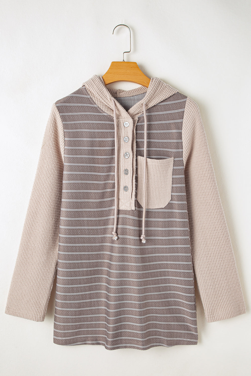 Gray Textured Knit Waffle Patchwork Striped Henley Hoodie