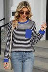 Long Sleeve Tops Black Striped Contrast Edge Loose Pocketed Long Sleeve Top.