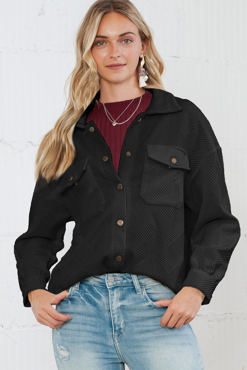 Black Solid Textured Flap Pocket Buttoned Shacket