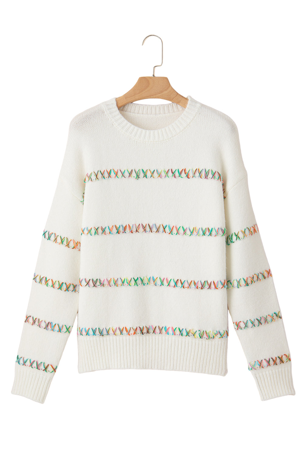 White Colorful Cross Stitch Drop Shoulder Sweater