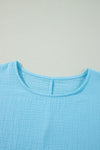 Aruba Blue Plain Crinkled Bracelet Sleeve Flowy Top