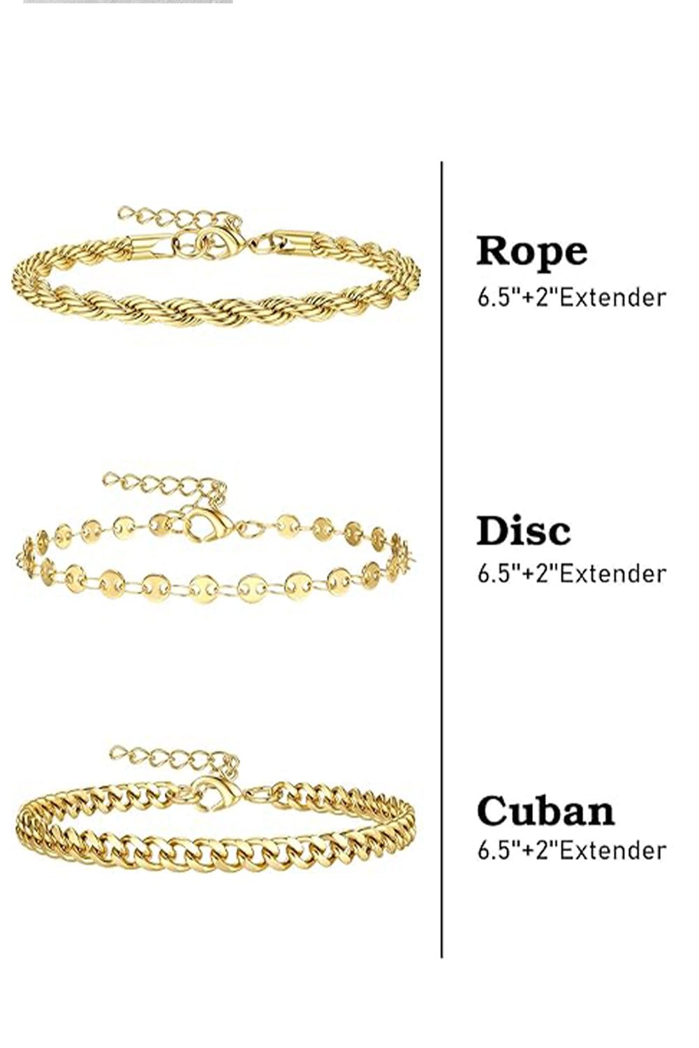 Gold 3Pcs Disc Plated Adjustable Chain Bracelet Set