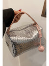 Silvery Lattice Texture Corded Ball Decor Weaven Handle Cosmetic Bag