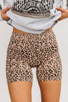 Khaki Leopard Print Ribbed Textured Knit Biker Shorts