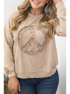 Pale Khaki Floral Peace Graphic Washed Plus Size Sweatshirt