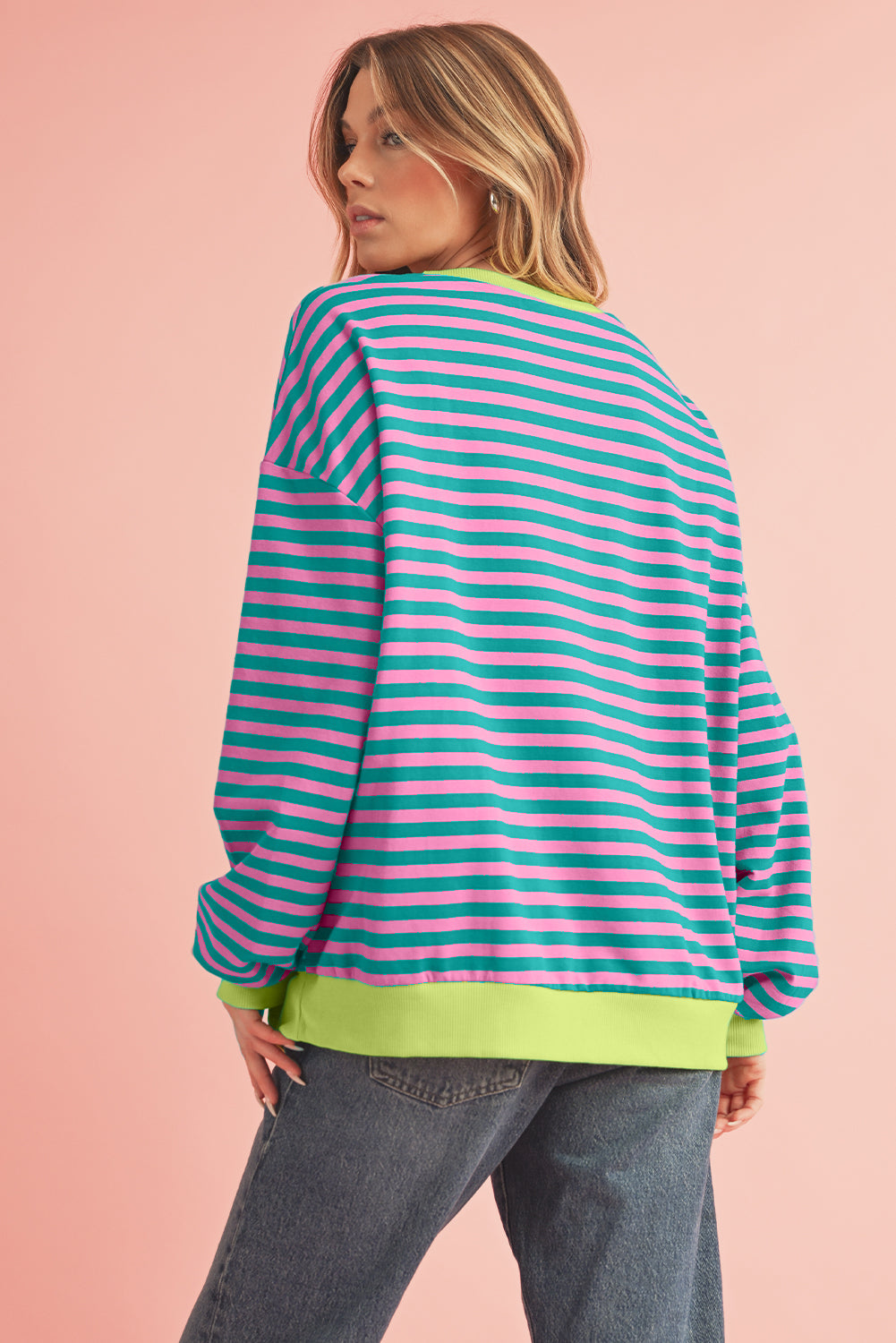 Blue Stripe Contrast Edge Cross Seam Oversized Pullover