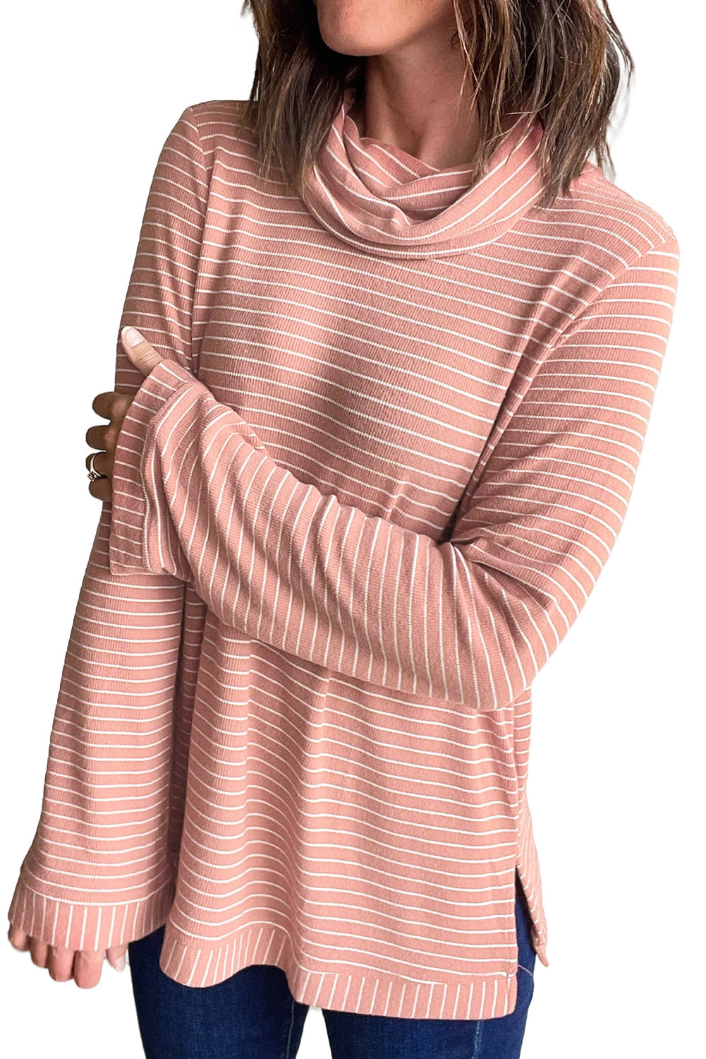 Pink Stripe Cowl Neck Side Slits Loose Fit Long Sleeve Top