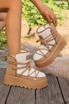 Camel Sherpa PU Leather Patchwork Lace-up Thick Bottom Snow Boots