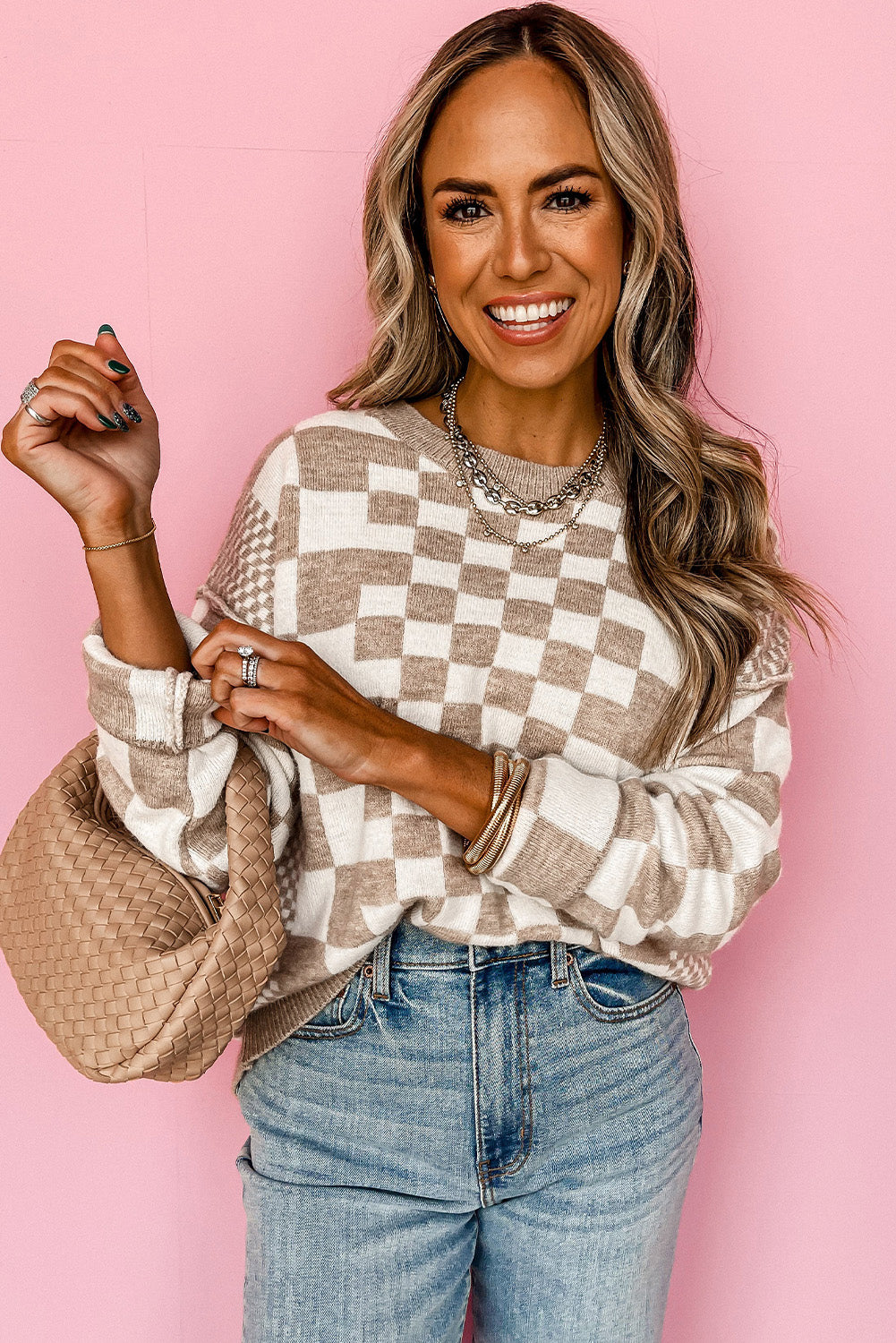 Gray Checkered Drop Shoulder Round Neck Sweater