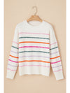 Black Colorful Striped Ribbed Trim Round Neck Sweater