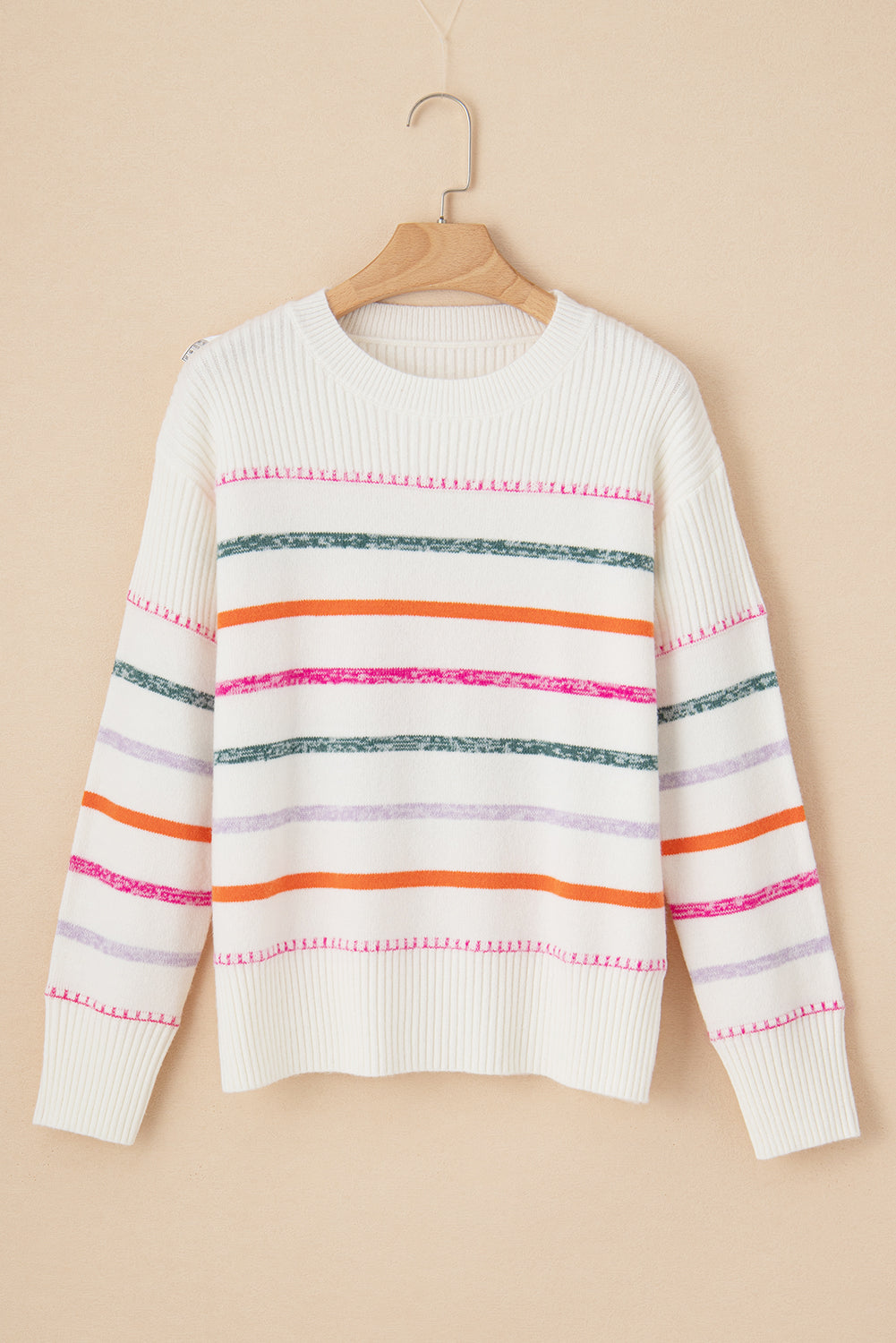 Black Colorful Striped Ribbed Trim Round Neck Sweater