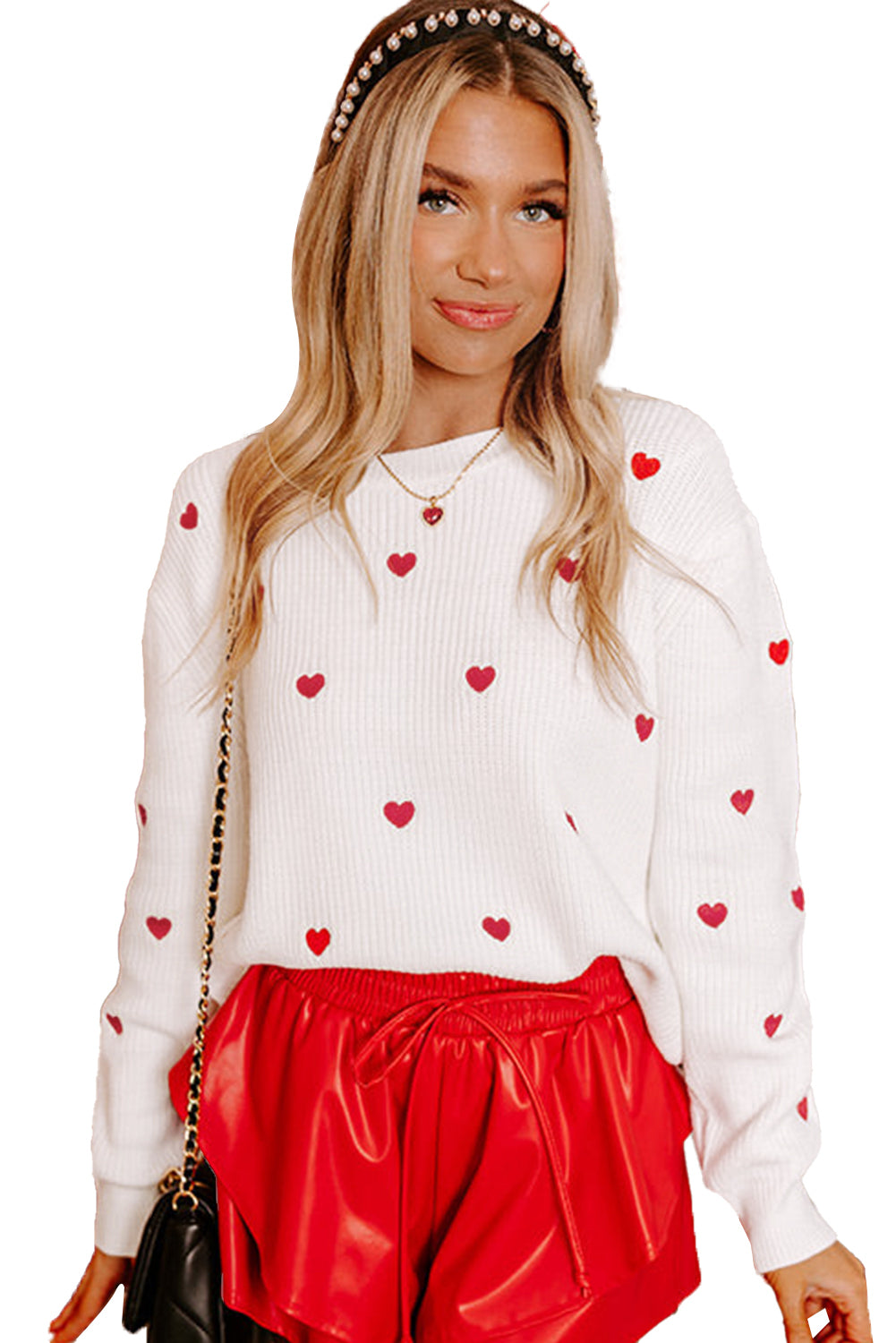 White Heart Pattern Drop Shoulder Round Neck Sweater