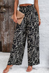 Black Boho Floral Print Elastic Waist Frill Pants