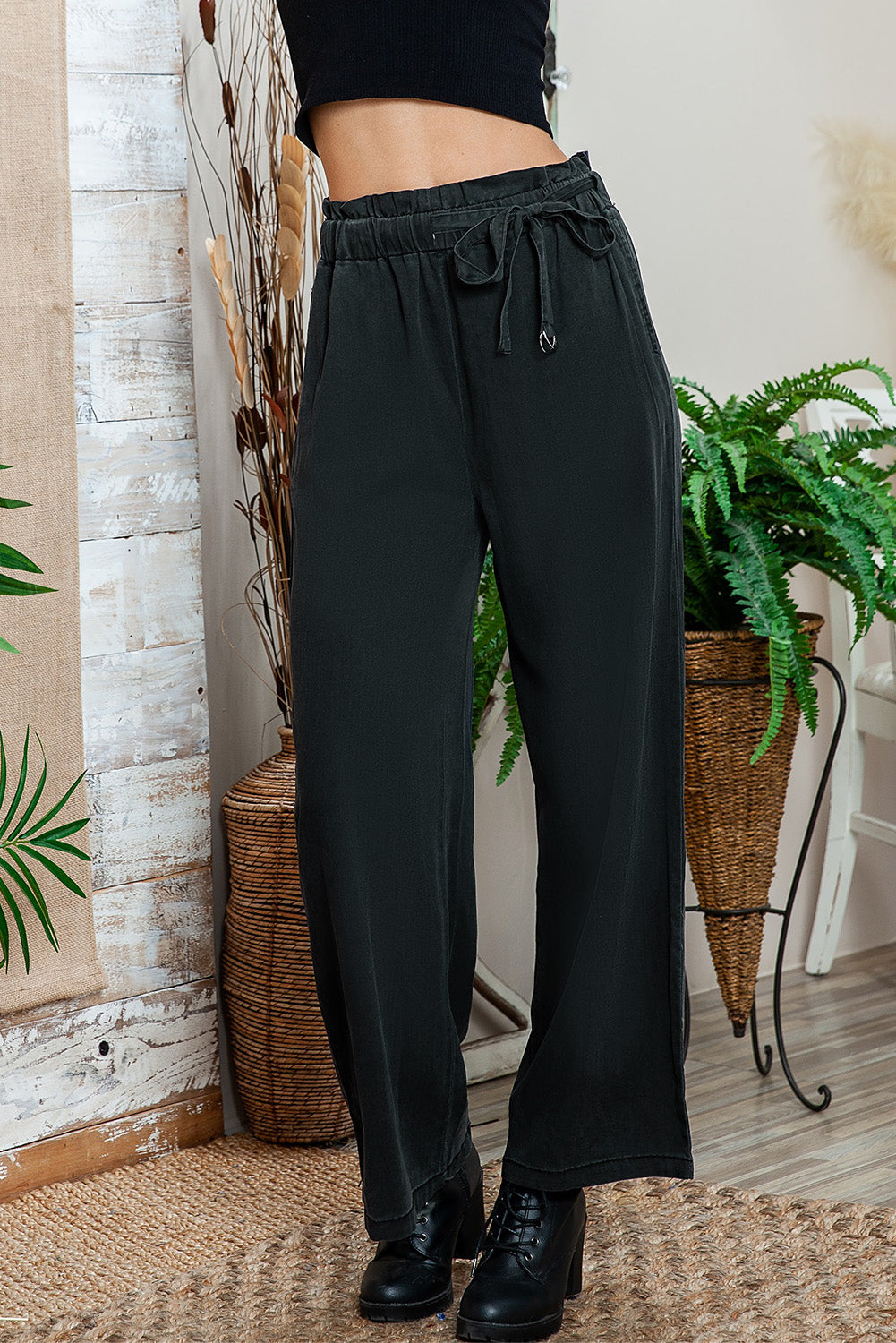 Black Elastic High Waisted Wide Leg Pants with Pockets