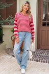 Strawberry Pink Striped V Neck Drop Sleeve Top