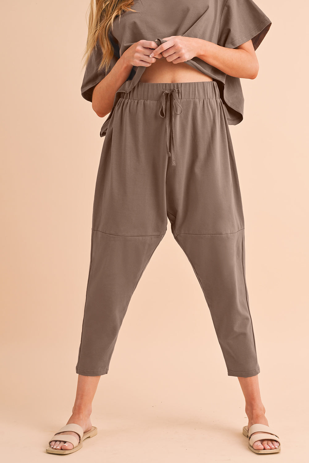 Taupe Batwing Sleeve High Low Tee and Drawstring Crop Pants Set