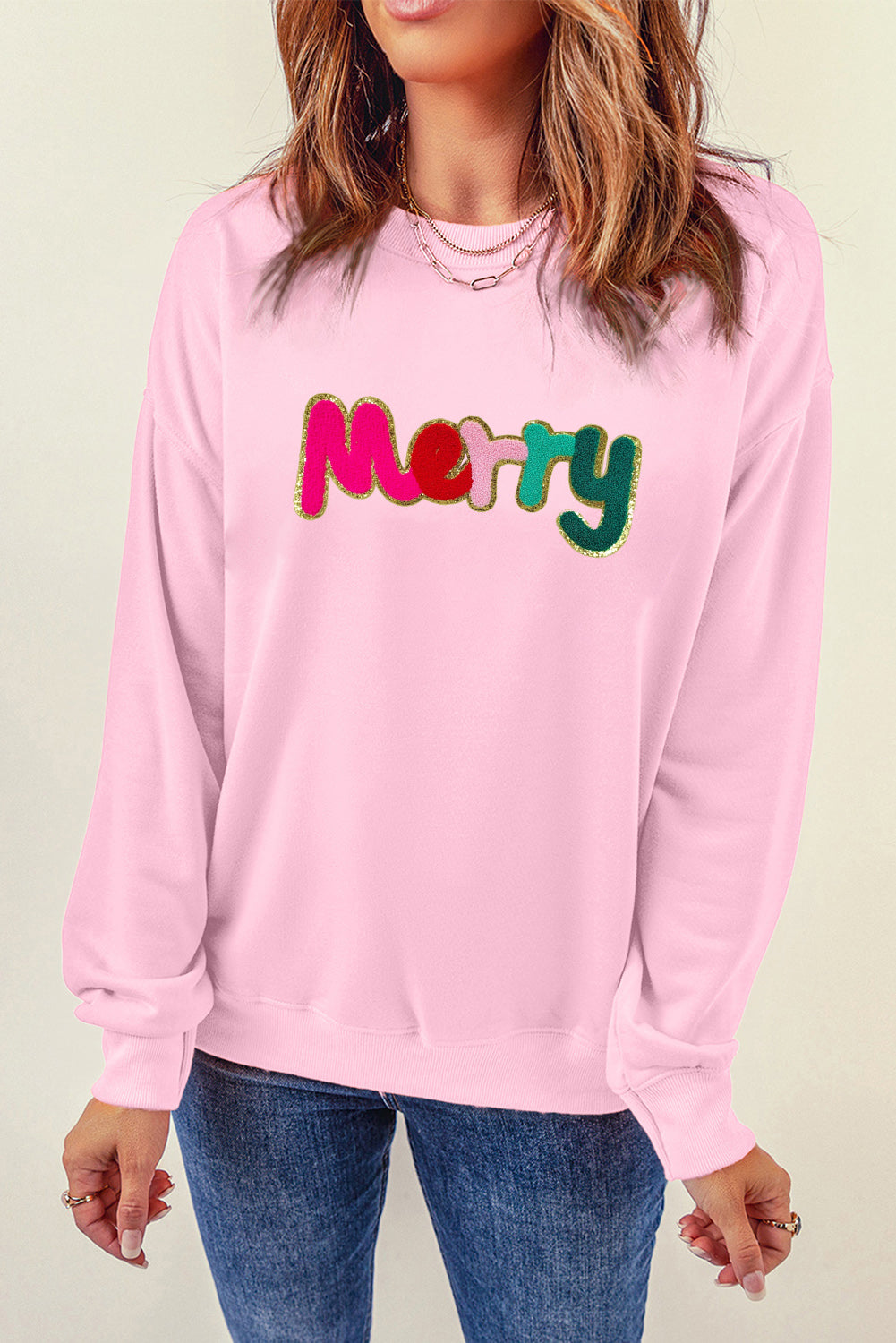 Pink Merry Christmas Round Neck Graphic Sweatshirt