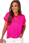 Rose Red Contrast Trim Round Neck Short Sleeve Loose Knit Top