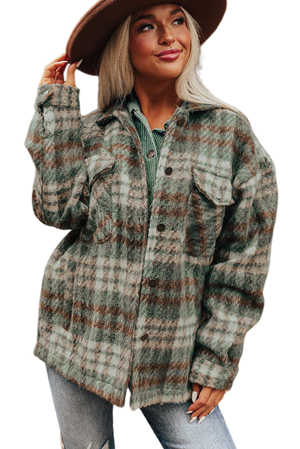 Cinnamon Plaid Print Chest Pockets Turn Down Collar Shacket