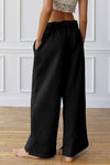 Black Elastic High Waist Drawstring Wide Leg Pants