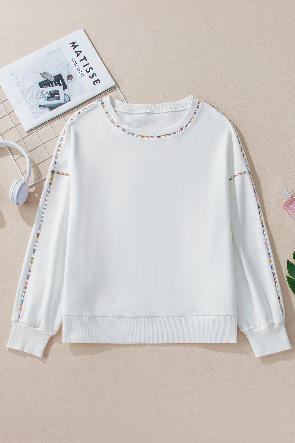 Sweatshirts & Hoodies White Contrast Rainbow Trim Drop Shoulder Pullover Sweatshirt.