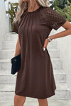 Dark Brown Contrast Lace Raglan Sleeve Pleated Detail Shift Dress