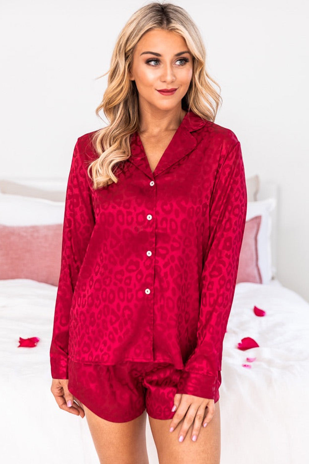 Red Leopard Satin Long Sleeve Top & Shorts Loungewear Set