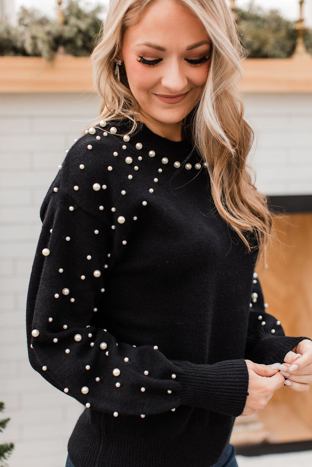 Black Pearl Beaded Bishop Sleeve Sweater