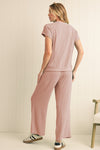 Blue Solid Corded Short Sleeve T Shirt and Wide Leg Pants Set