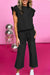 Black Textured Ruffle Summer Top and Drawstring Pants Set