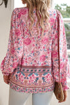 Blouses Pink Boho Floral Print Lace Up V Neck Smocked Sleeve Blouse.