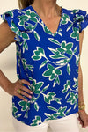 Blue V Neck Floral Print Ruffle Short Sleeve Blouse