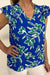 Blue V Neck Floral Print Ruffle Short Sleeve Blouse