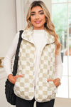 Khaki Sherpa Checkerboard Snap Button Vest Jacket