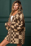Dark Brown Colorblock Checked Loose Fit Open Front Knitted Cardigan