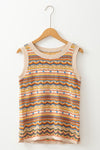 Brown Stripe Eyelet Crochet Round Neck Knit Top