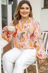 Orange Floral Abstract Print V NeckPlus Size Blouse