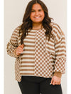 Khaki Striped Checkered Patchwork Ribbed Plus Size Top