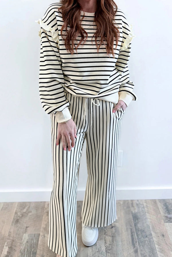 White Stripe Ruffle Trim Drop Shoulder Top Drawstring Loose Pant Set