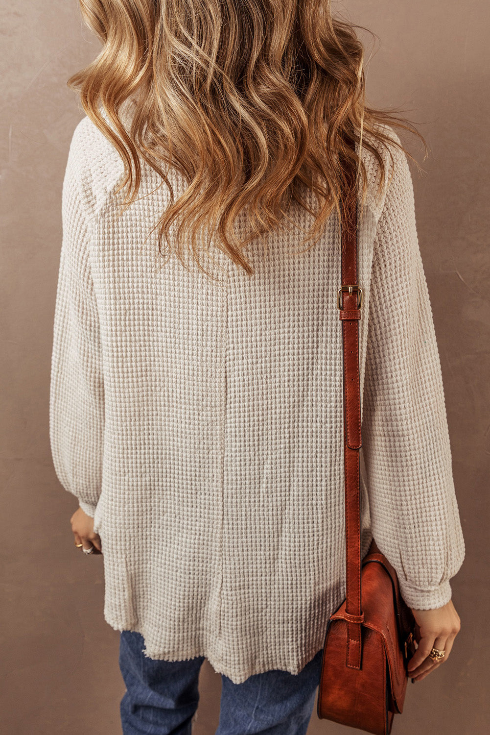 Oatmeal Waffle Knit Raglan Sleeve Loose Henley Top