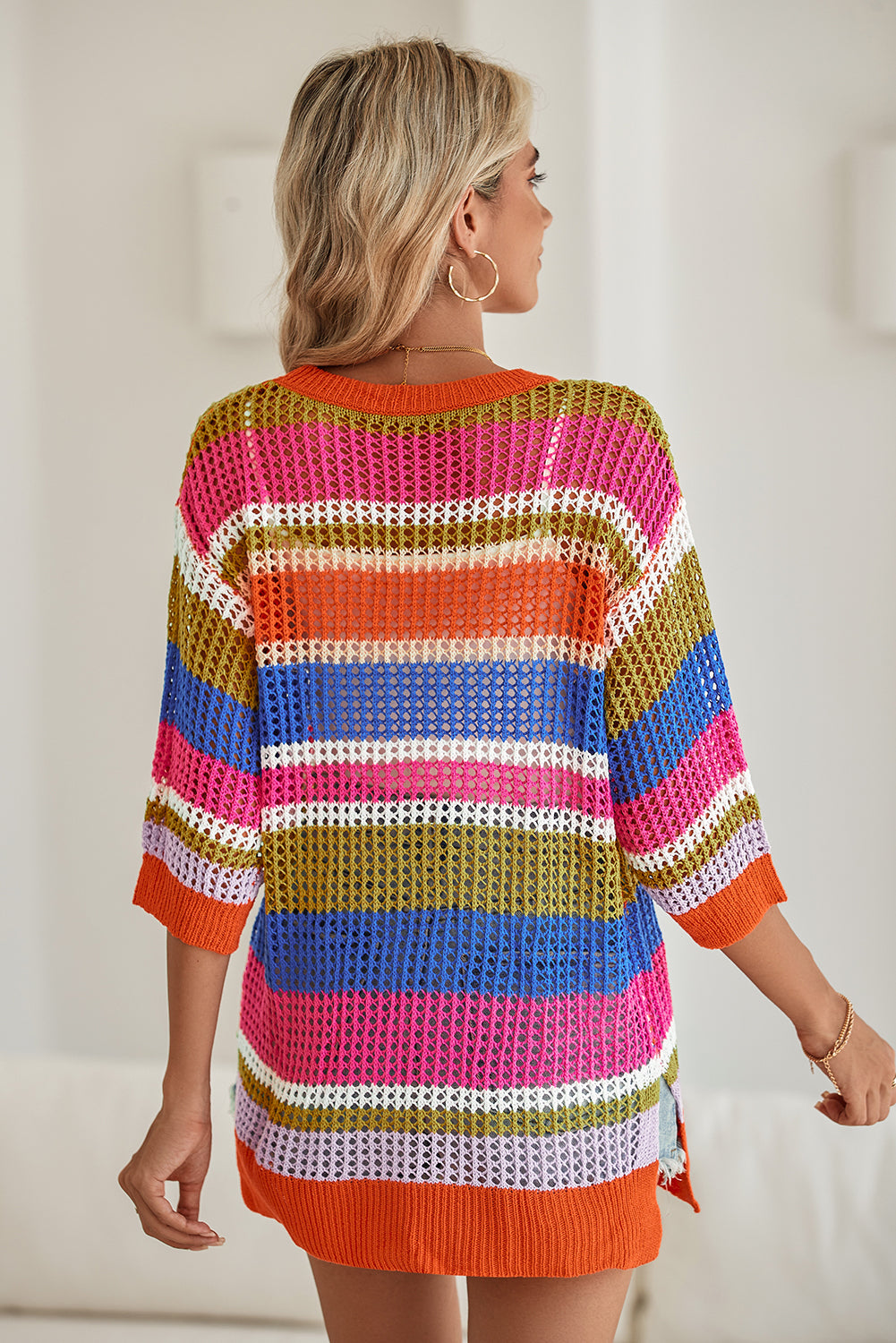 Pink Striped Color Block Hollow Crochet 3/4 Sleeve T Shirt