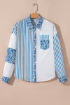 Sky Blue Leopard Striped Patchwork Button-up Shirt
