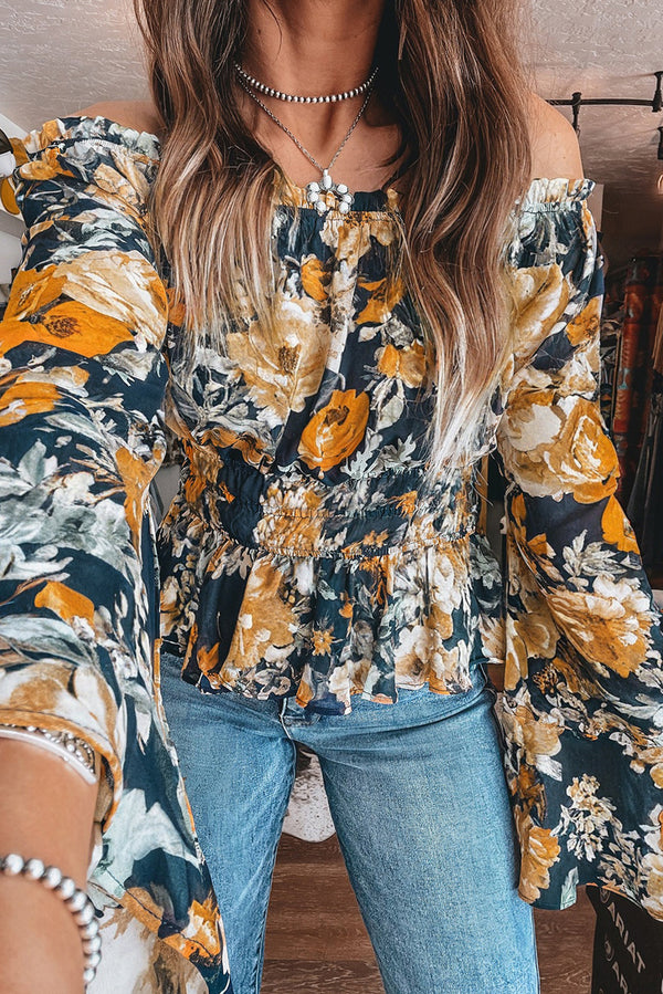 Blue Floral Off Shoulder Bell Sleeve Smocked Peplum Top